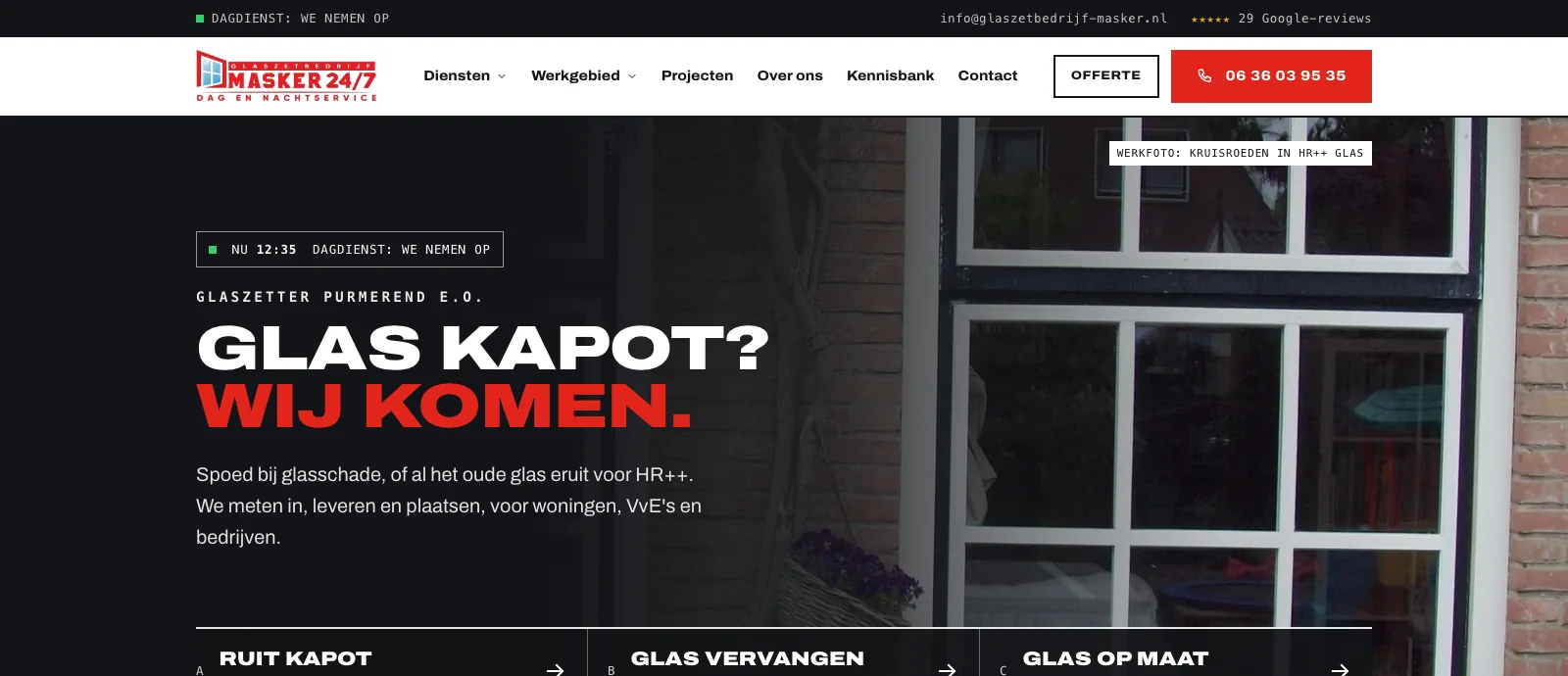 Homepage van glaszetbedrijf-masker.nl met de kop Glas kapot? Wij komen en het 24/7-nummer